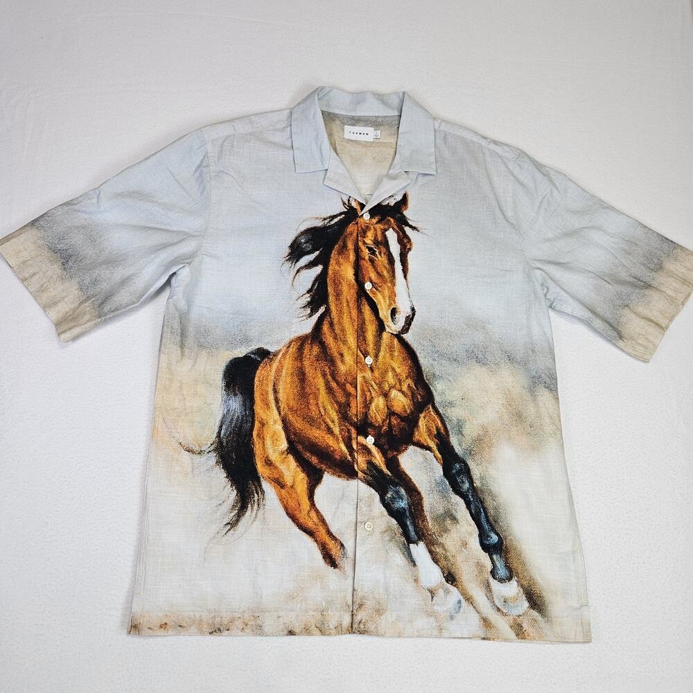 Topman Western Shirt Mens XL Button Up Short Sleeve Cowboy Rodeo Cotton Horse